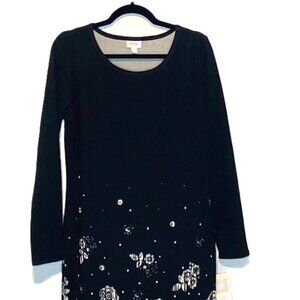 LuLaRoe Debbie Sheath Dress Large Floral Roses Black White Long Sleeve Elegant